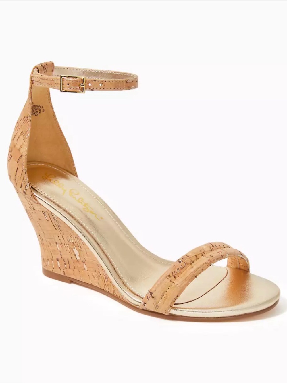 Lilly Pulitzer Jenna Cork Wrapped Wedge Ankle-Strap Sandals with Gold Specks S 7